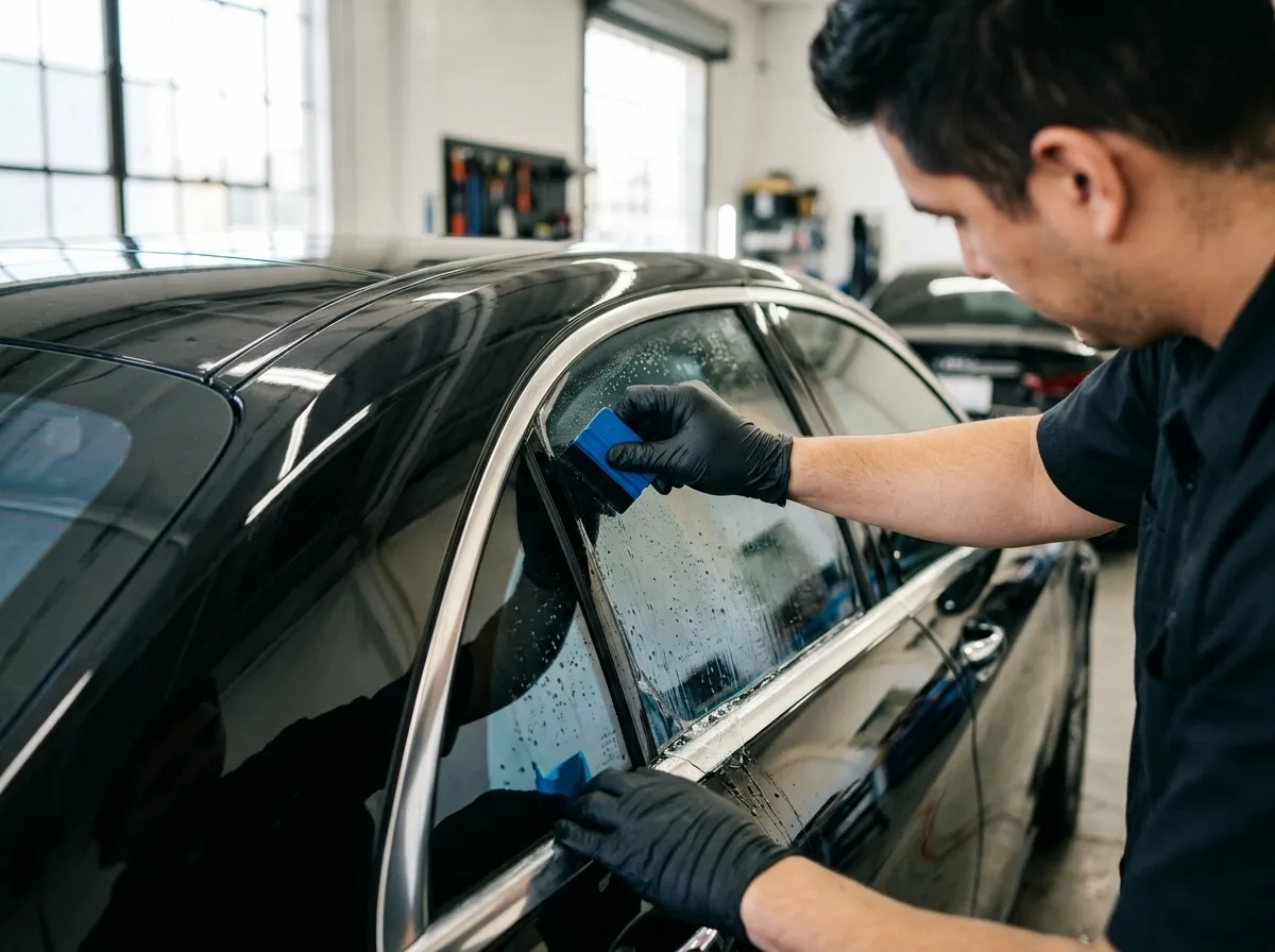 A technician applying HyperOptix ceramic film to a luxury sedan window