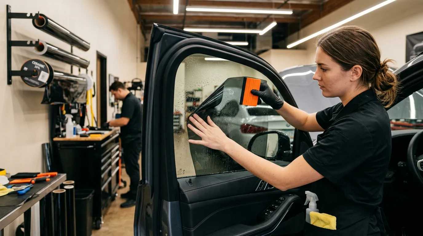 Professional installer applying HyperOptix ceramic film in a premium studio